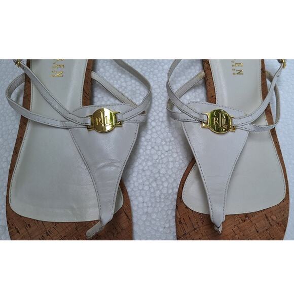 Lauren Ralph Lauren Anita Cork and Leather Flat Sandals White Size 10 Gold Logo - Picture 3 of 10